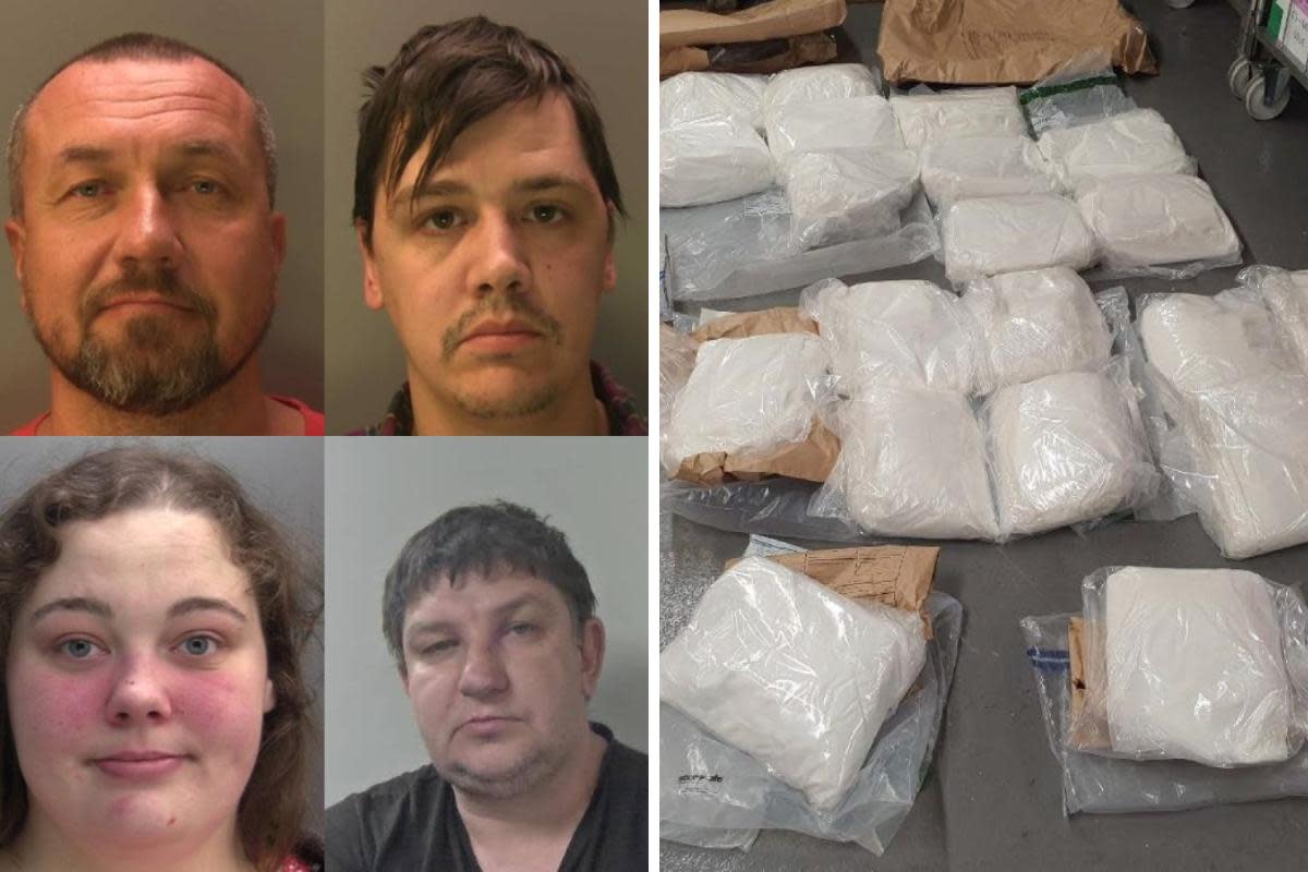 Clockwise from top left Pavel Budzko, Stephen Norris, Kiryl Laptseu and Charlotte Moore have been jailed. Right are the drugs police seized <i>(Image: Sussex Police)</i>