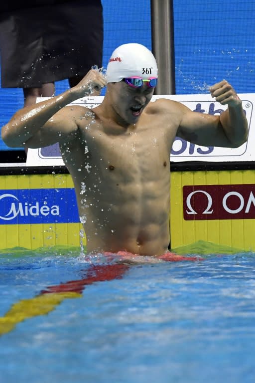 China's Sun Yang celebrates after winning in the men's 400m freestyle final during the swimming competition at the 2017 FINA World Championships in Budapest, on July 23, 2017