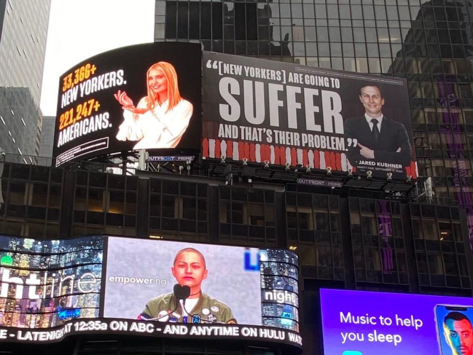 The Lincoln Project has installed two billboards in Times Square attacking Ivanka Trump and Jared Kushner over deaths from Covid-19 (The Lincoln Project)