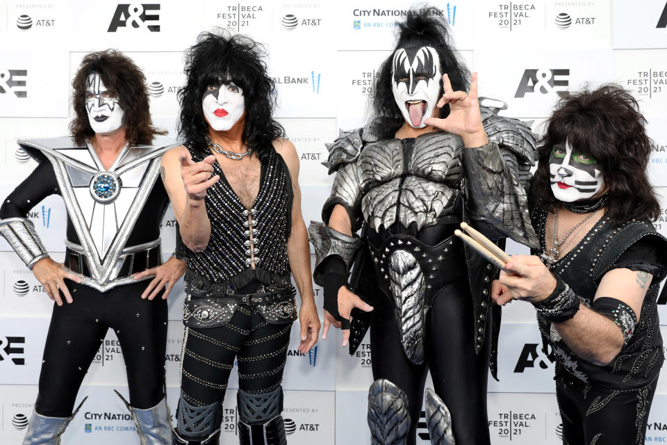 <p>Tommy Thayer, Paul Stanley, Gene Simmons, and Eric Singer at the 2021 Tribeca Festival screening of <em>Biography: KISStory </em>in N.Y.C.</p>