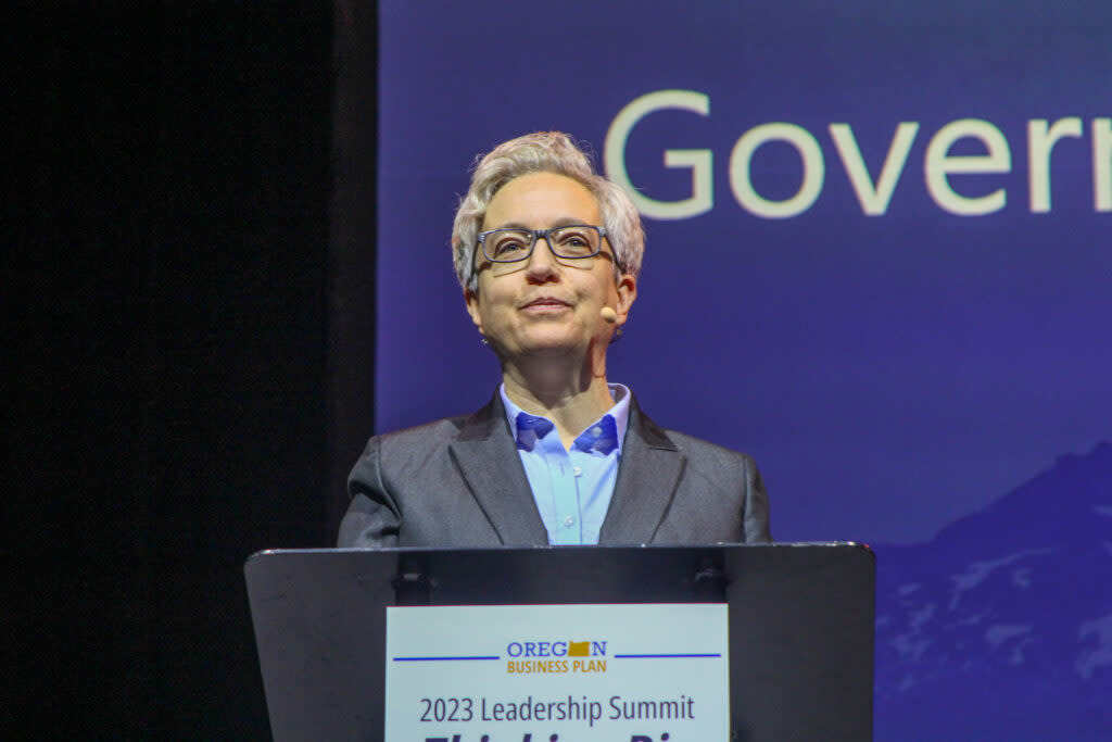 Gov. Tina Kotek speaking at the 2023 Oregon Leadership Summit in Portland on Dec. 11, 2023.