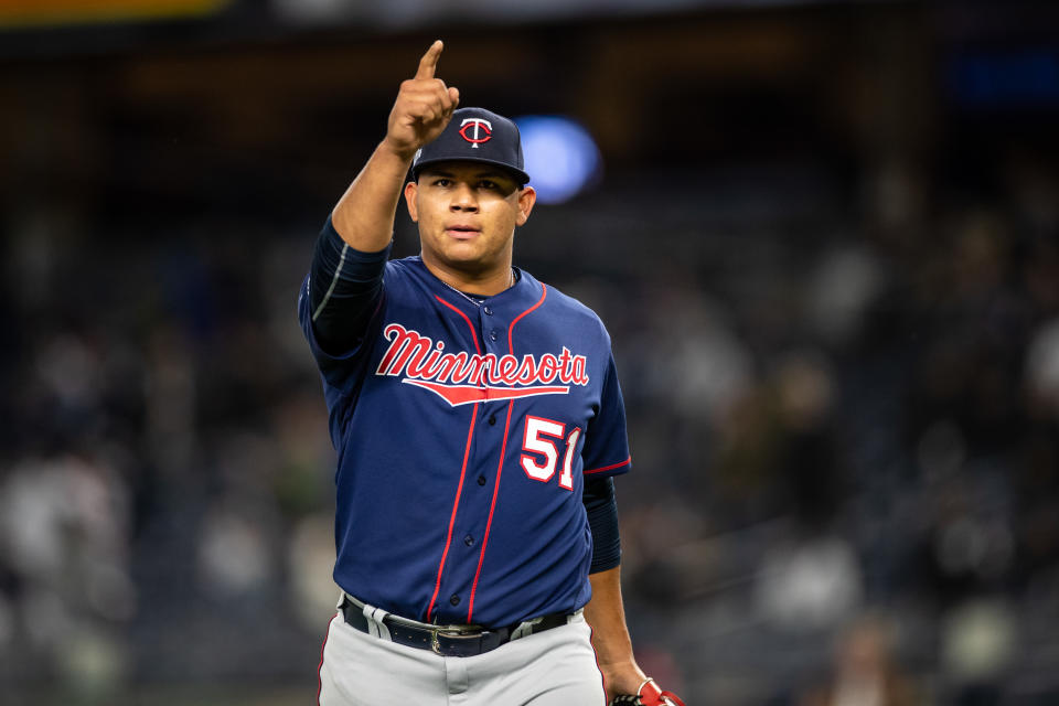 NEW YORK, NY - OCTOBER 04: Brusdar Graterol #51 of the Minnesota Twins looks on against the New York Yankees on October 4, 2019 in game one of the American League Division Series at Yankee Stadium in the Bronx borough of New York City. (Photo by Brace Hemmelgarn/Minnesota Twins/Getty Images)