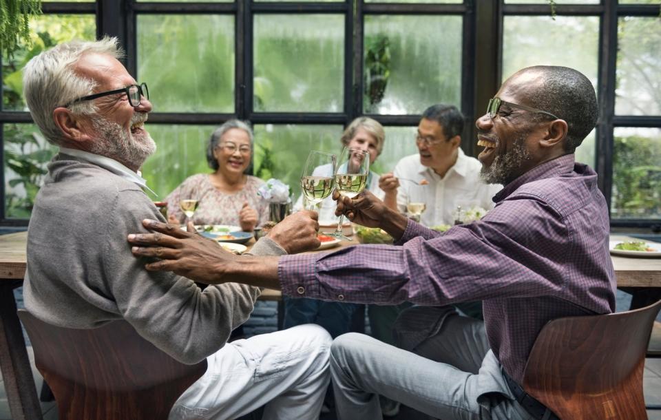 Five friends gathering for a dinner party.