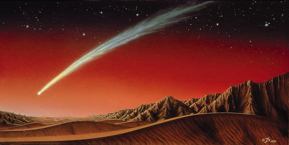 This illustration of a bright comet over Mars was created by artist Kim Poor.