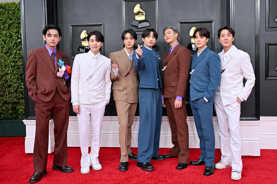 Suga, Jin, Jungkook, RM, Jimin and J-Hope of BTS attends the 64th Annual GRAMMY Awards at MGM Grand Garden Arena