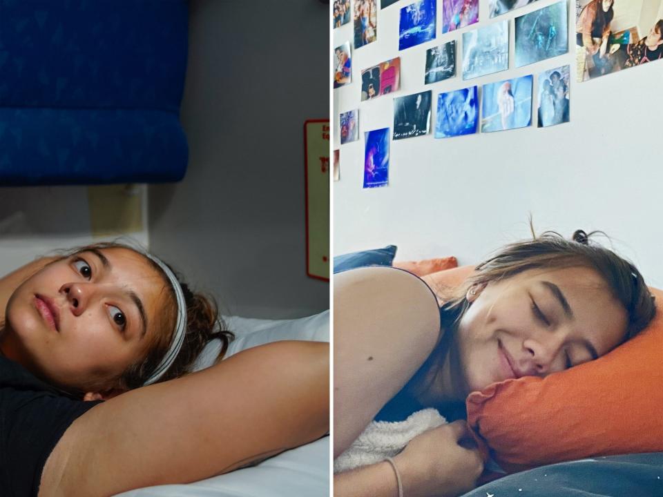 Left: The author lays on the train pillow Right: the author lays on her bedroom pillow