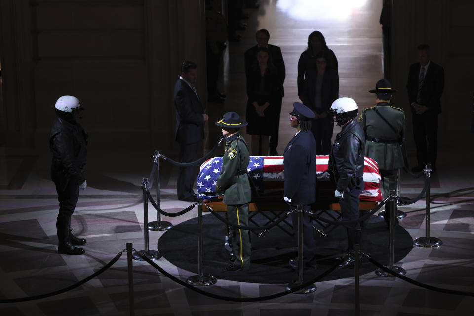 The body of Senator Dianne Feinstein will lie in San Francisco City Hall all day for public viewing in San Francisco on Wednesday, Oct. 4, 2023. (Gabrielle Lurie/San Francisco Chronicle via AP, Pool)