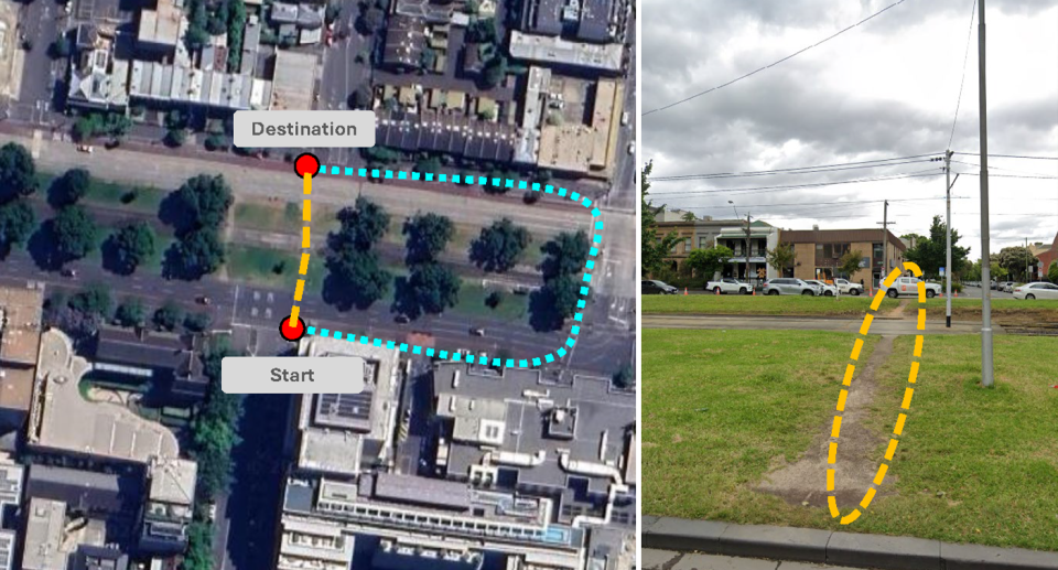 Left - Yellow lines show the desire path created in East Melbourne. The blue dots indicate the official pathway. Right - a photo of the desire path.