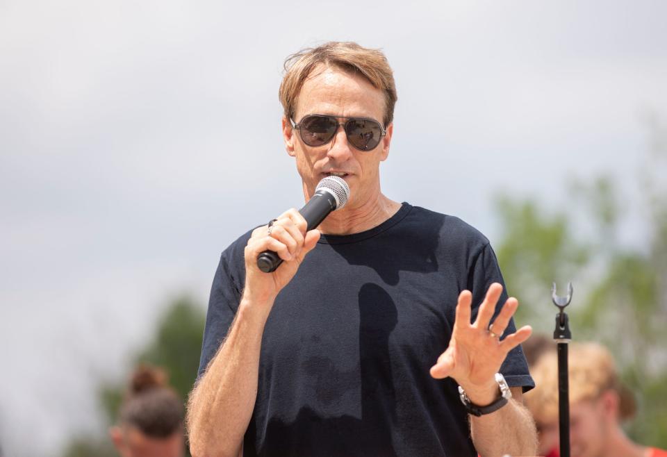 Professional skateboarder Tony Hawk speaks at the official grand opening of the environmentally friendly Chandler Park skatepark on Detroit's east side on Sunday, June 26, 2022. The park is geared for skateboarders, bicyclists, and scooters.