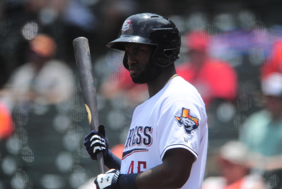 ROUND ROCK, TX - MAY 19:  Round Rock Express outfielder Yordan Alvarez awaits an at bat during a minor league baseball game against the Nashville Sounds on May 19, 2019, at the Dell Diamond in Round Rock, TX. (Photo by John Rivera/Icon Sportswire via Getty Images)