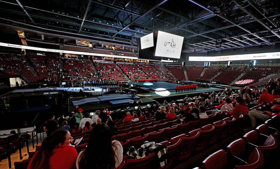 BYU, Utah, SUU and Utah State meet in the Rio Tinto Best of Utah Gymnastics competition at the Maverick Center in West Valley City on Monday, Jan. 15, 2024. | Scott G Winterton, Deseret News