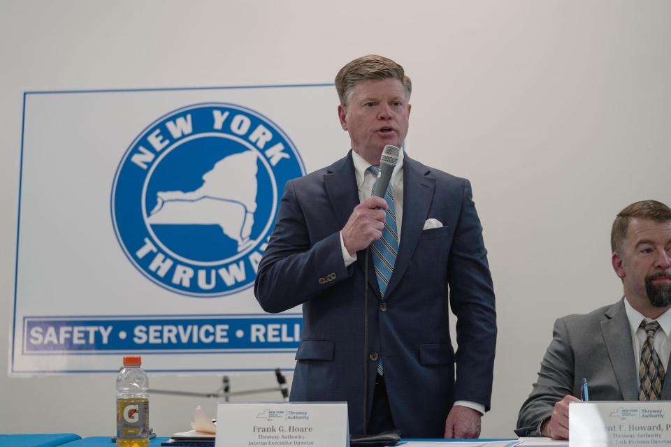 New York Thruway Authority Interim Executive Director Frank Hoare offers opening remarks during a public hearing on toll pricing at Palisades Center Mall in West Nyack on Tuesday, May 16, 2023.