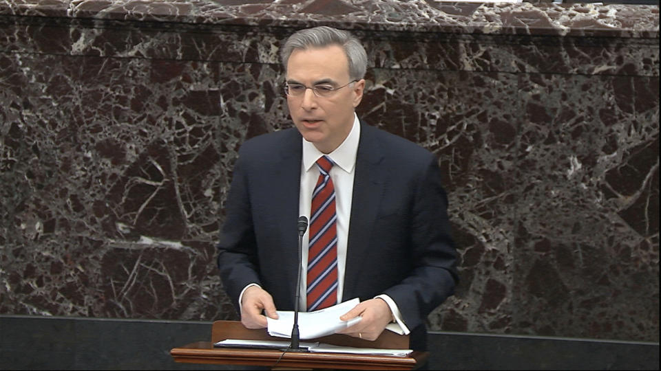 In this image from video, White House counsel Pat Cipollone speaks during the impeachment trial against President Donald Trump in the Senate at the U.S. Capitol in Washington, Saturday, Jan. 25, 2020. (Senate Television via AP)