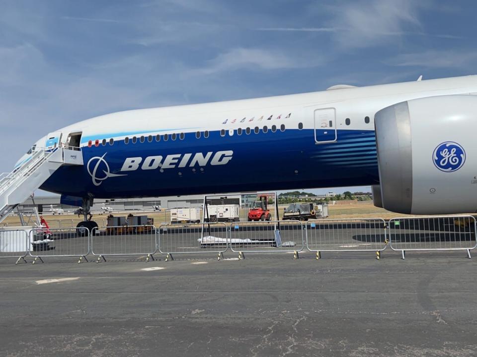 Boeing 777X Flight Test 1 aircraft at the Farnborough International Air Show 2022.