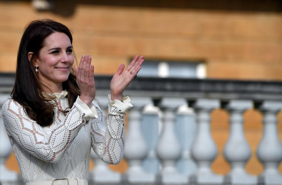 LONDON, UNITED KINGDOM - MAY 13: Catherine, Duchess of Cambridge is seen as they host a tea party in the grounds of Buckingham Palace to honour the children of those who have died serving in the armed forces on May 13, 2017 in London, England. (Photo by Andrew Parsons - WPA Pool/Getty Images)