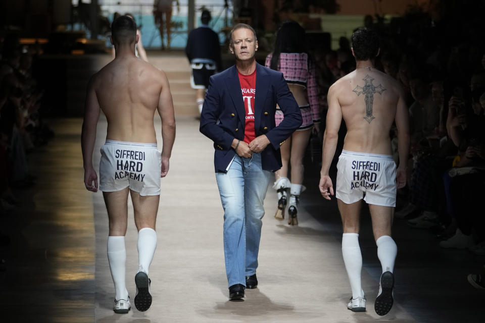 Italia movie director Rocco Siffredi wears a creation as part of the Dsquared2 men's Spring Summer 2024 collection presented in Milan, Italy, Friday, June 16, 2023. (AP Photo/Luca Bruno)