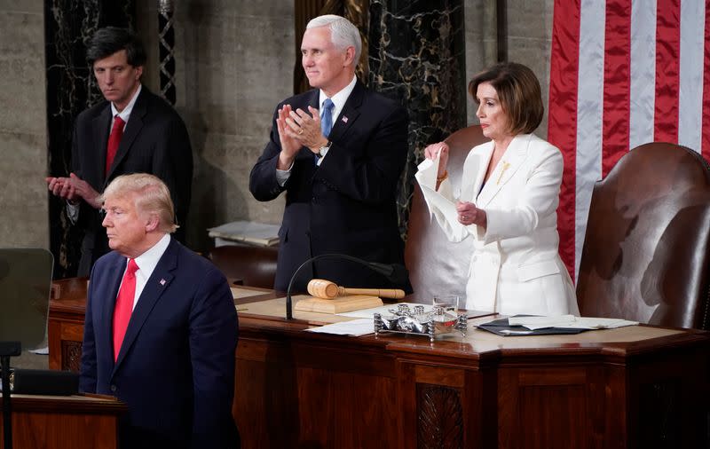 Speaker of the House Pelosi (D-CA) rips up U.S. President Trump's speech alongside Vice President Pence following the State of the Union address at the U.S. Capitol in Washington