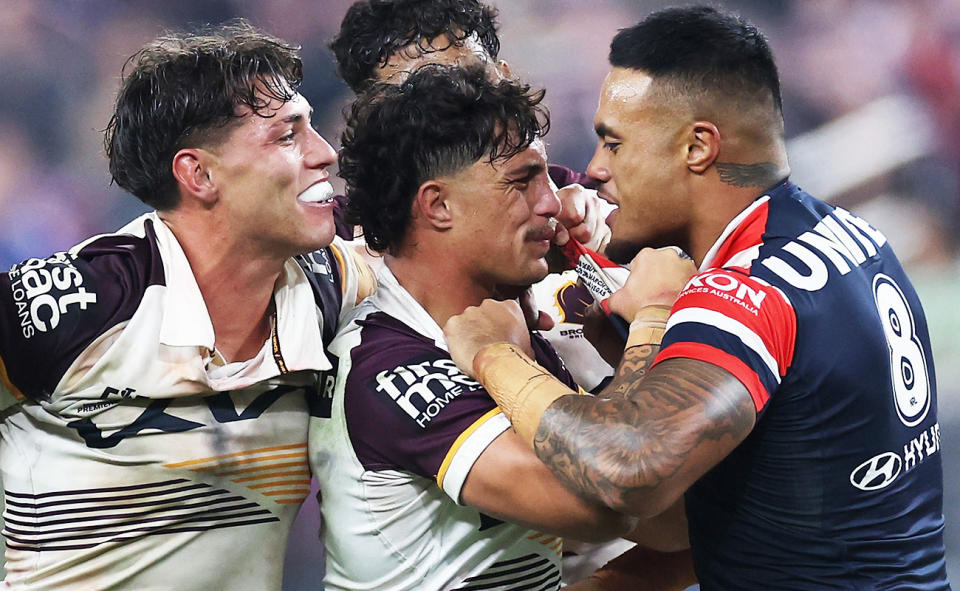 Spencer Leniu, pictured here during the Broncos and Roosters clash.