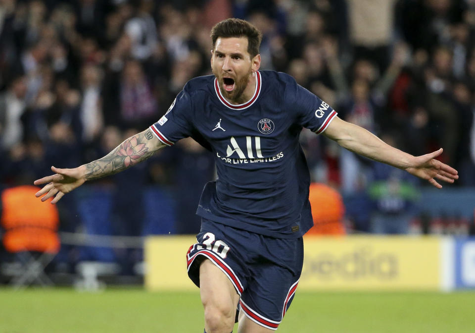 Lionel Messi (pictured) runs to the corner and celebrates his goal against Manchester City.