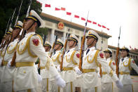 <p>Members of a Chinese honor guard line up in formation before a welcome ceremony for Uzbek President Shavkat Mirziyoyev at the Great Hall of the People in Beijing, May 12, 2017. (Photo: Mark Schiefelbein/AP) </p>