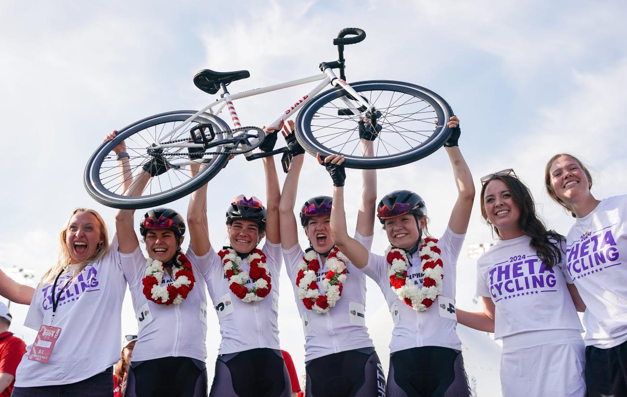 Kappa Alpha Theta celebrates with a Little 500 bicycle after winning the 36th running of the women’s Little 500 at Bill Armstrong Stadium on Friday, April 19, 2024.