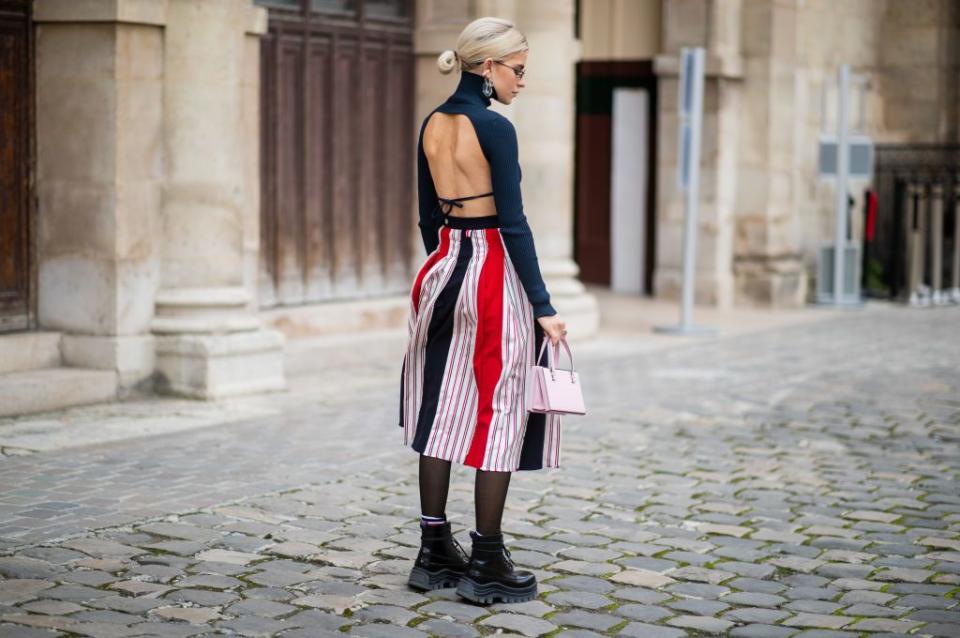22) Bold Striped Midi Skirt with Open-Back Top