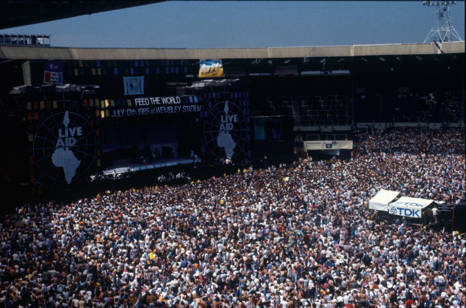 Live Aid stage and audience taken from Wembley Stadium roof, 13 July 1985 Wembley Stadium, London. (Photo by Solomon N’Jie/Getty Images)