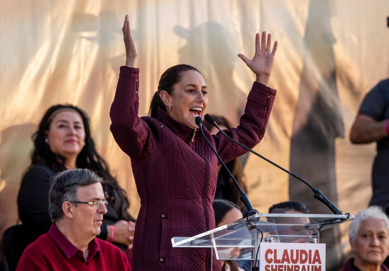 Claudia Sheinbaum, the Mexican presidential candidate for the MORENA ruling party, gives a campaign speech at The Tromp Interactive Museum in the border city of Tijuana, Mexico on April 12. Xóchitl Gálvez, polling in second place, attempted to persuade voters to support her during a campaign stop in Juárez this weekend.