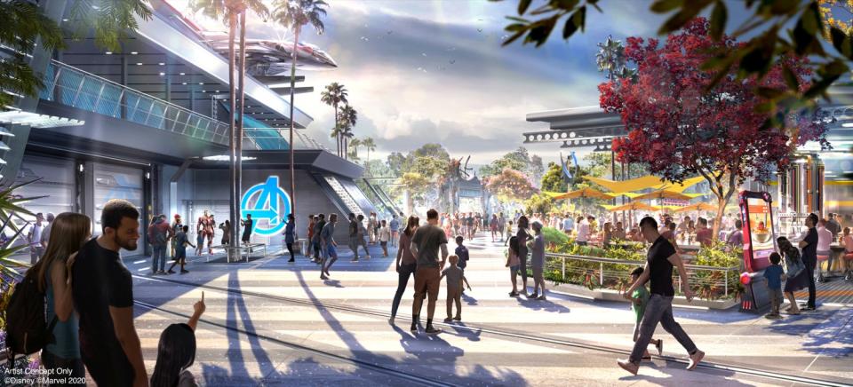 Concept art for Disney California Adventure's Avengers Campus