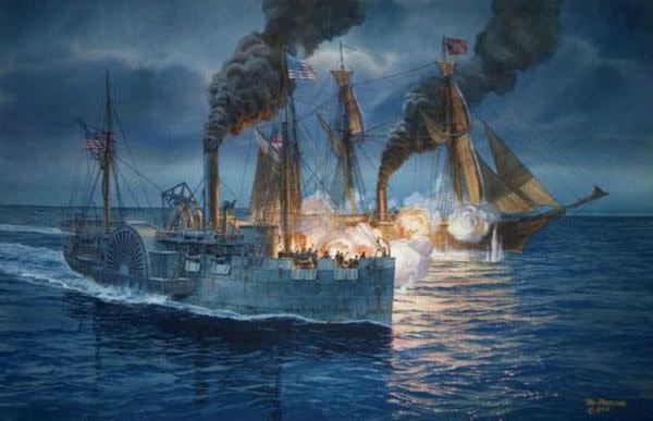 The battle between the USS Hatteras and the CSS Alabama on Jan. 11, 1863, as depicted in a painting by Tom Freeman.