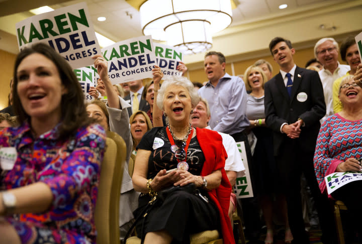 A crowd awaits candidate Karen Handel and House Speaker Paul Ryan, Dunwoodie, Ga., May 15, 2017