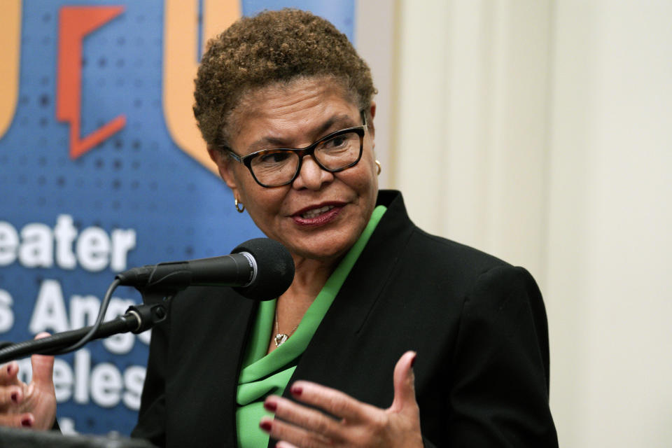 Los Angeles Mayor Karen Bass waits to speak during a press conference at the start of the annual homeless count in the North Hollywood section of Los Angeles on Tuesday, Jan. 23, 2024. (AP Photo/Richard Vogel)