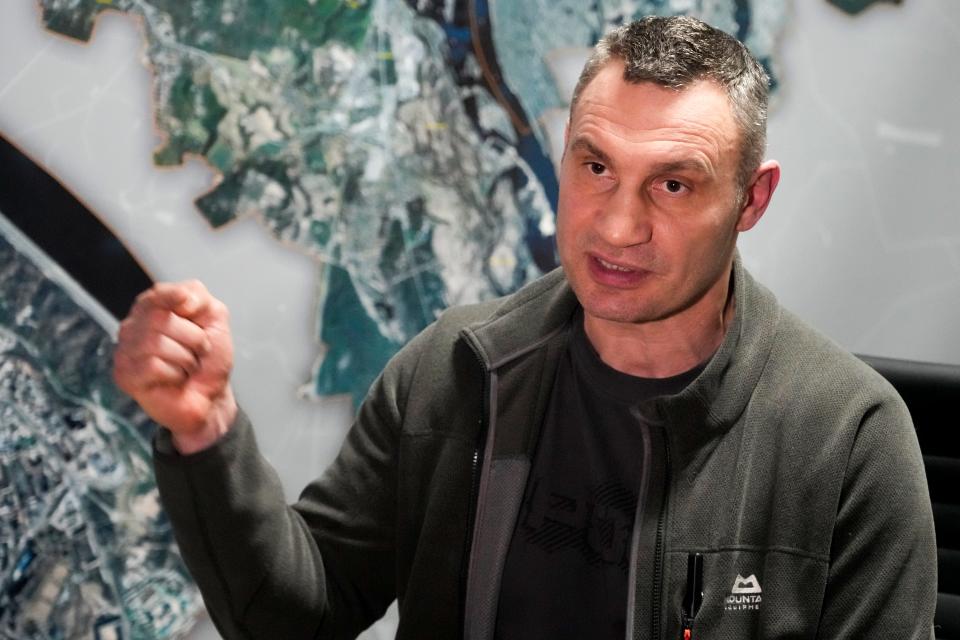 Vitali Klitschko, Kyiv mayor and former heavyweight champion, gestures while speaking during his interview with the Associated Press in his office in the City Hall in Kyiv, Ukraine, on Feb. 27, 2022.