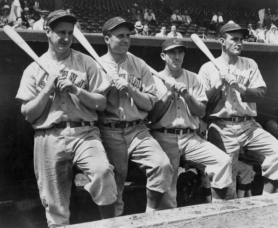 Reds hitters, from left, Ernie Lombardi, Wally Berger, Ival Goodman, Frank McCormick. Lombardi was elected into the Reds Hall of Fame in 1958.