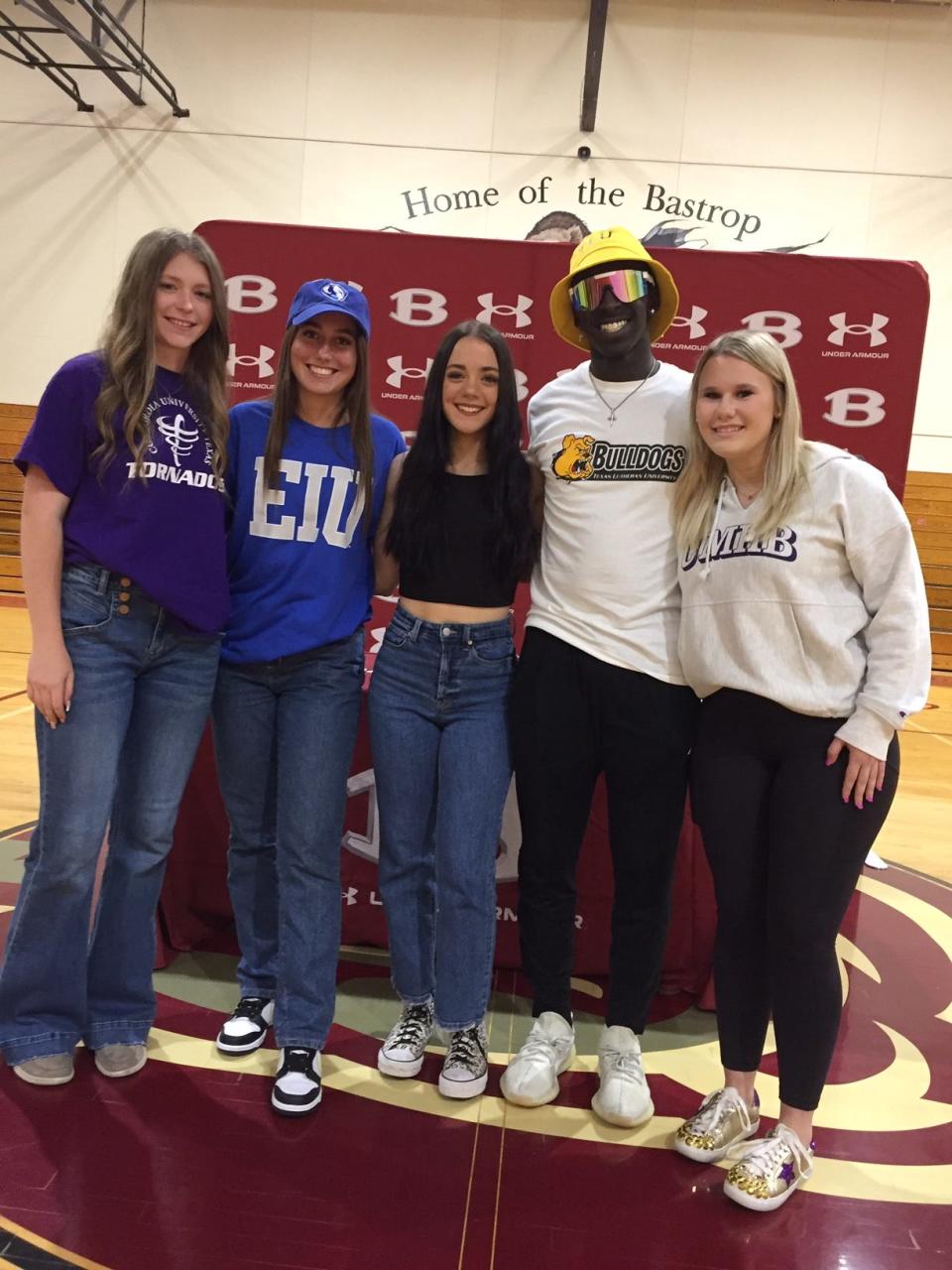 Bastrop athletes that signed with colleges this month are, from left, Haylee Diebel, Lindsey Hastings, Madeleine Aston, Caden Allen and Trinity Lindsley