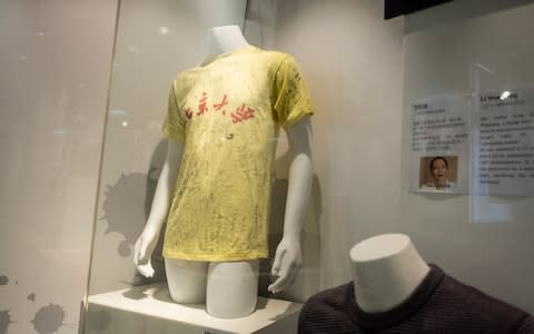 A T-shirt seen being exhibited at the museum. The June 4 museum operated by the Hong Kong Alliance in Support of Patriotic Democratic Movements of China, is to mark the 30th anniversary of Beijing’s 1989 Tiananmen Square crackdown. - Credit: Photo by Chan Long Hei / SOPA Images