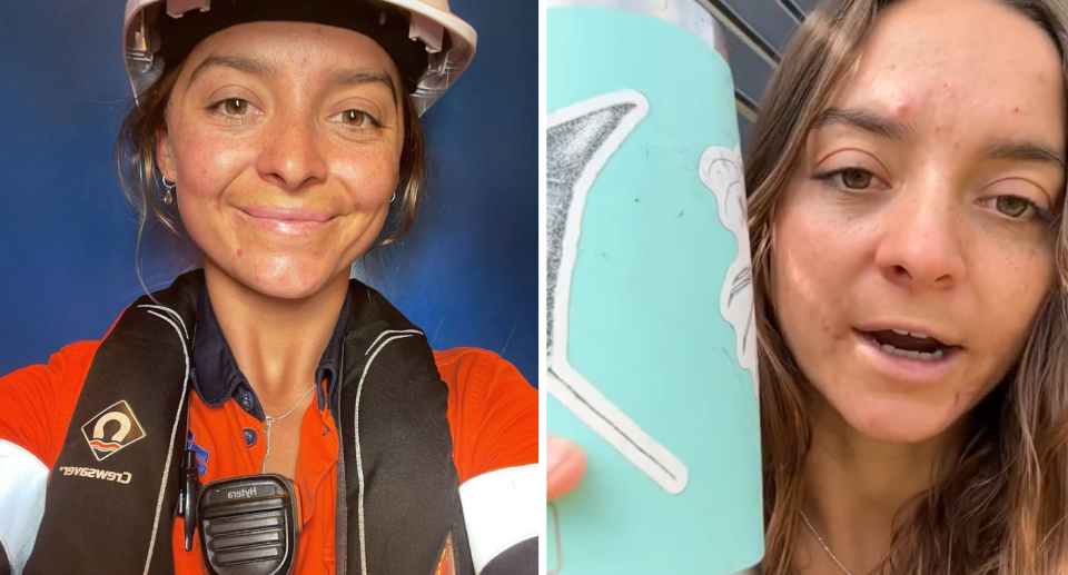 Kimberley Hooper in a uniform (left) and holding up the cup the spider was in (right).