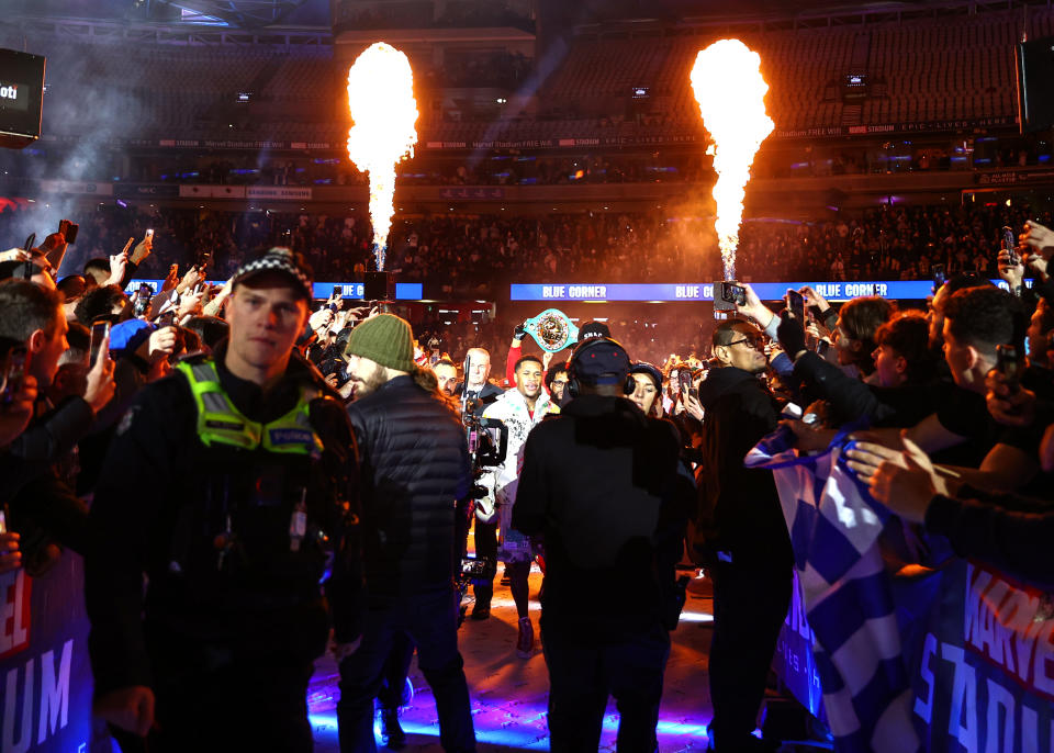 Devin Haney, pictured here walking to the ring at Marvel Stadium.