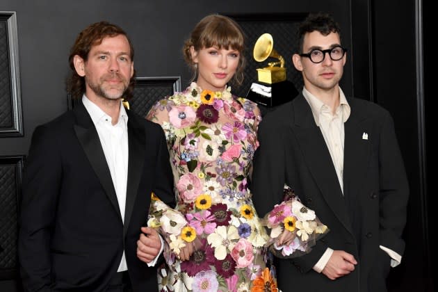 Aaron Dessner, Taylor Swift and Jack Antonoff attend the 63rd Annual GRAMMY Awards at Los Angeles Convention Center on March 14, 2021 in Los Angeles, California.  - Credit: Kevin Mazur/Getty Images/The Recording Academy