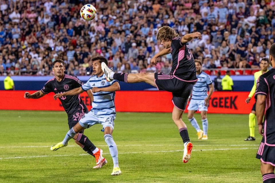 Inter Miami midfielder Benjamin Cremaschi (30) kicks the ball away from the goal during the second half of an MLS game against Sporting Kansas City at GEHA Field at Arrowhead Stadium on Saturday, April 13, 2024, in Kansas City.