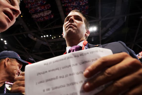 CLEVELAND, OH - JULY 19: Donald Trump Jr. arrives during roll call on the second day of the Republican National Convention on July 19, 2016 at the Quicken Loans Arena in Cleveland, Ohio. An estimated 50,000 people are expected in Cleveland, including hundreds of protesters and members of the media. The four-day Republican National Convention kicked off on July 18.  (Photo by Chip Somodevilla/Getty Images)