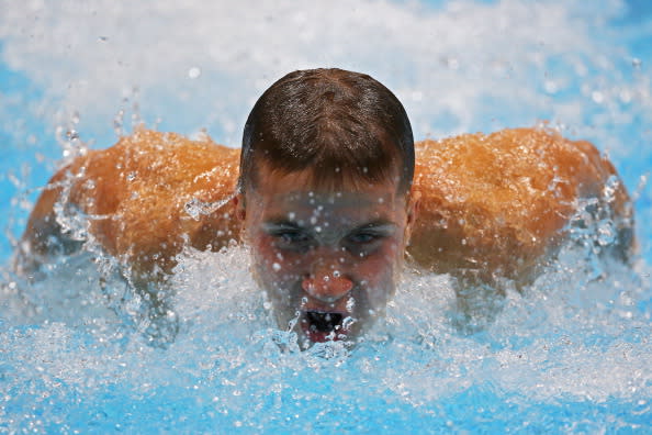 Anton Stabrovskyy of Ukraine competes in the Men's 100m Butterfly - S12 heat 1 on day 4 of the London 2012 Paralympic Games at Aquatics Centre on September 2, 2012 in London, England. (Photo by Clive Rose/Getty Images)