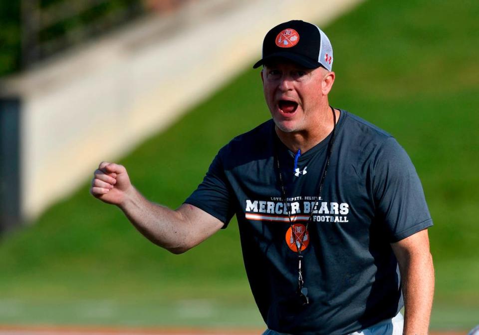 Mercer head coach Drew Cronic oversees a team practice Aug. 15. The Bears open the season against North Alabama in Montgomery Aug. 26.