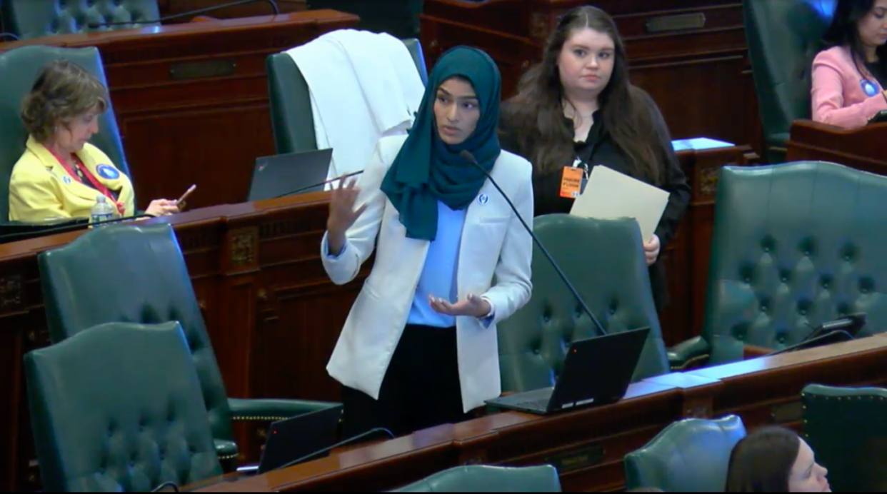 Rep. Nabeela Syed, D-Palatine, discusses her House Bill 3957 pertaining to price gouging of off-patent and generic drugs during floor debate Wednesday, March 3, 2023.