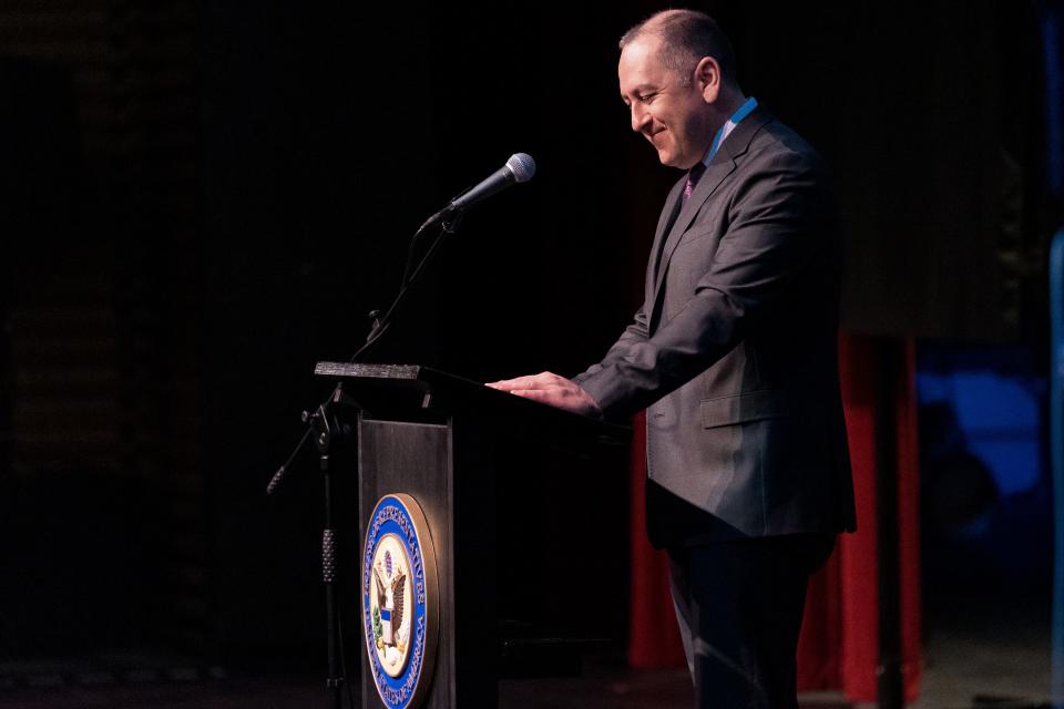 Under Secretary of the Army Gabe Camarillo speaks March 31 at the Castner Range National Monument celebration at the Andress High School Performing Arts Center.