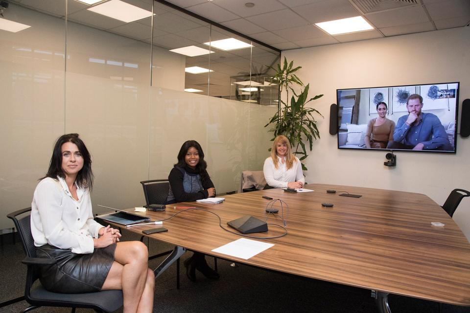 Evening Standard editor Emily Sheffield with reporters Abbianca Makoni and Lizzie Edmonds speak to the Duke and Duchess of Sussex (Jeremy Selwyn)