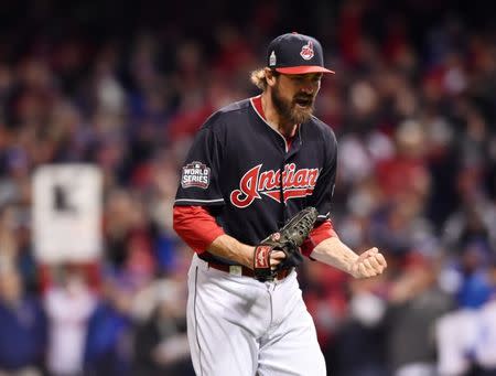 Oct 25, 2016; Cleveland, OH, USA; Cleveland Indians relief pitcher Andrew Miller reacts after striking out Chicago Cubs catcher David Ross (not pictured) to end the top of the 7th inning in game one of the 2016 World Series at Progressive Field. Mandatory Credit: Ken Blaze-USA TODAY Sports