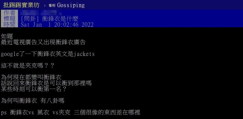 ▲網友好奇詢問「衝鋒衣是什麼？」（圖／翻攝PTT）
