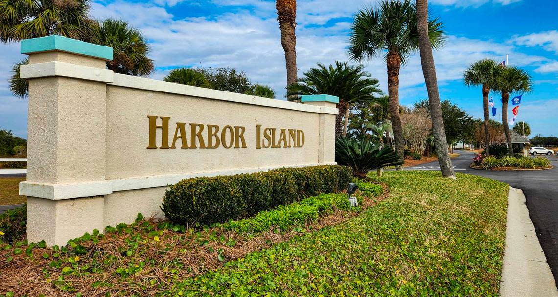 The entrance to the gated, private community of Harbor Island, a barrier island bounded by the Harbor River to the east and Hunting Island to the west as photographed on Dec. 6, 2022.
