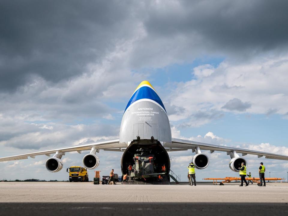 The An-124 being loaded, view from front with nose open.